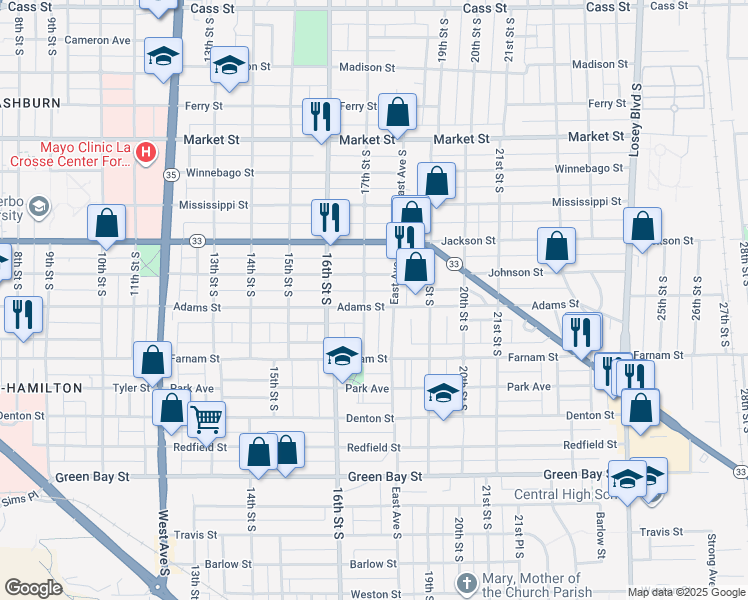 map of restaurants, bars, coffee shops, grocery stores, and more near 1116 East Avenue South in La Crosse