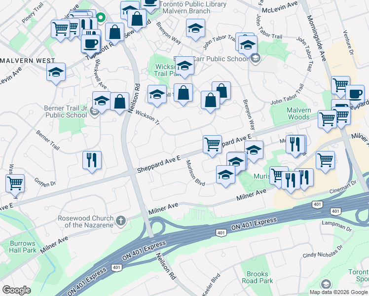 map of restaurants, bars, coffee shops, grocery stores, and more near 23 Gemshaw Crescent in Toronto