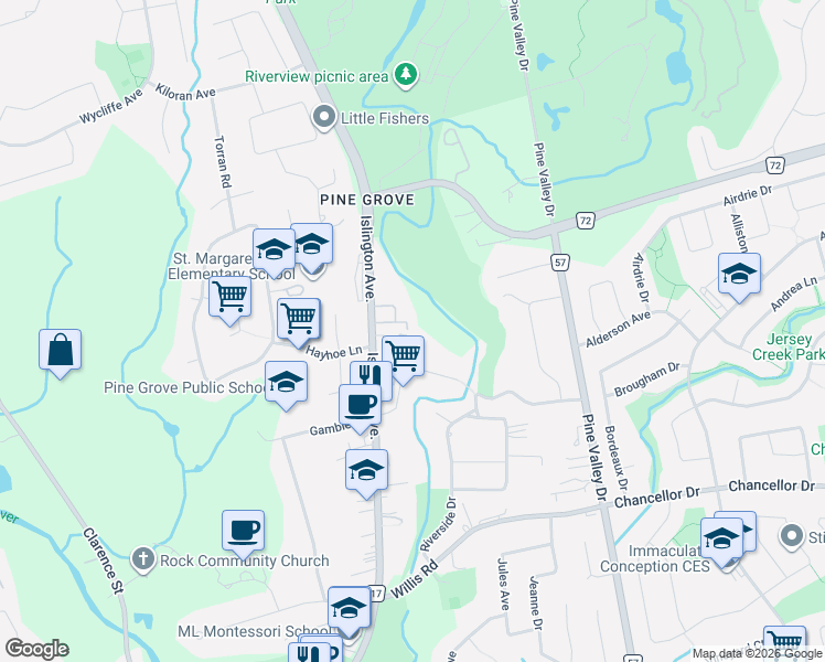 map of restaurants, bars, coffee shops, grocery stores, and more near 57 Hiawatha Court in Vaughan