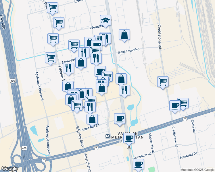 map of restaurants, bars, coffee shops, grocery stores, and more near 231 Millway Avenue in Vaughan