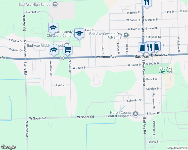map of restaurants, bars, coffee shops, grocery stores, and more near 216 South Stanley Street in Bad Axe