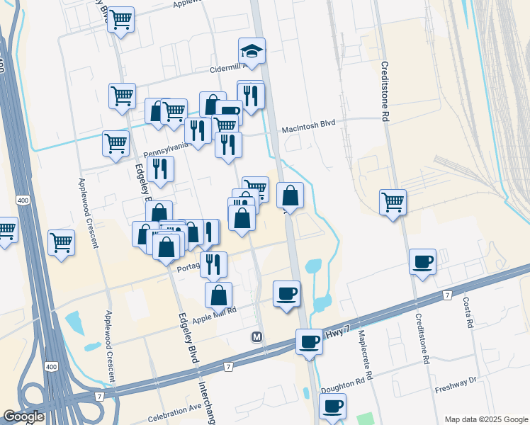map of restaurants, bars, coffee shops, grocery stores, and more near in Vaughan
