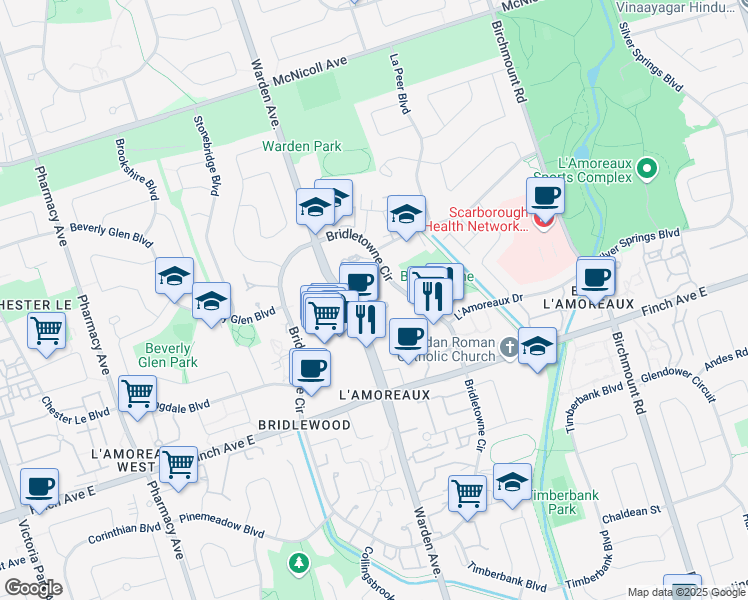 map of restaurants, bars, coffee shops, grocery stores, and more near 2330 Bridletowne Circle in Toronto