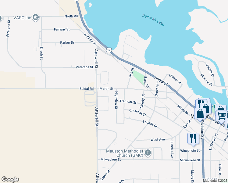 map of restaurants, bars, coffee shops, grocery stores, and more near 920 Martin Street in Mauston
