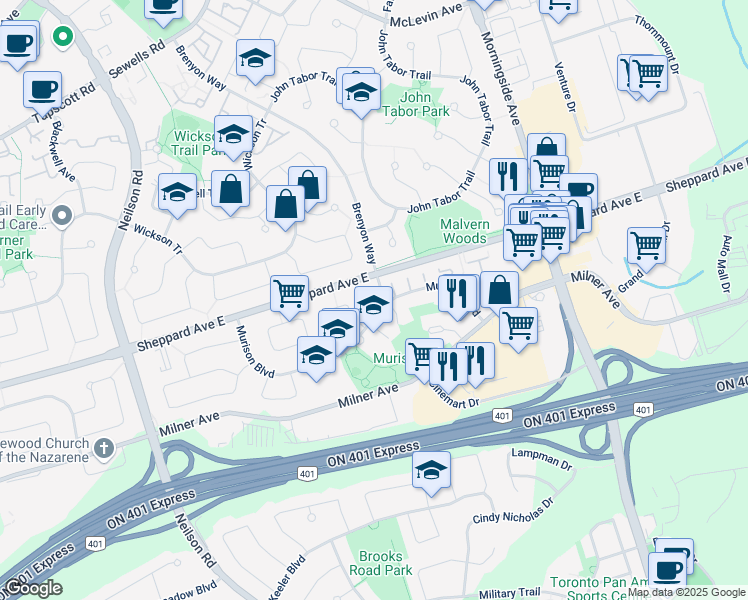 map of restaurants, bars, coffee shops, grocery stores, and more near in Toronto