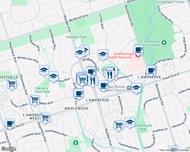 map of restaurants, bars, coffee shops, grocery stores, and more near in Toronto