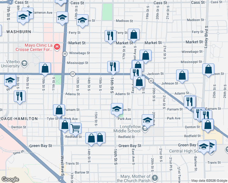 map of restaurants, bars, coffee shops, grocery stores, and more near 1110 16th Street South in La Crosse