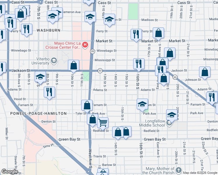 map of restaurants, bars, coffee shops, grocery stores, and more near 1113 13th Street South in La Crosse