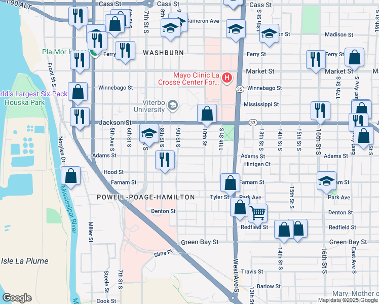 map of restaurants, bars, coffee shops, grocery stores, and more near 931 10th Street in La Crosse