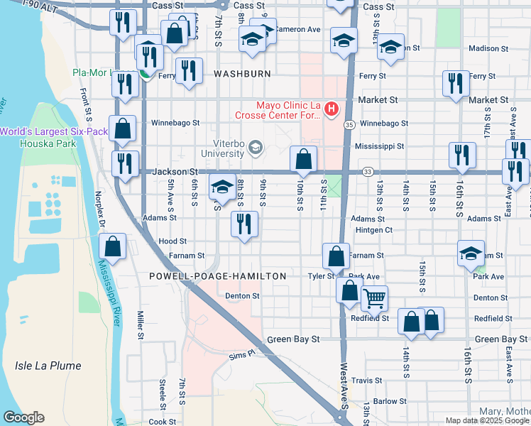 map of restaurants, bars, coffee shops, grocery stores, and more near 1110 9th Street South in La Crosse
