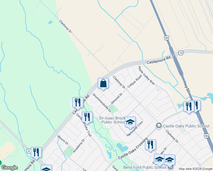 map of restaurants, bars, coffee shops, grocery stores, and more near 70 Campwood Crescent in Brampton