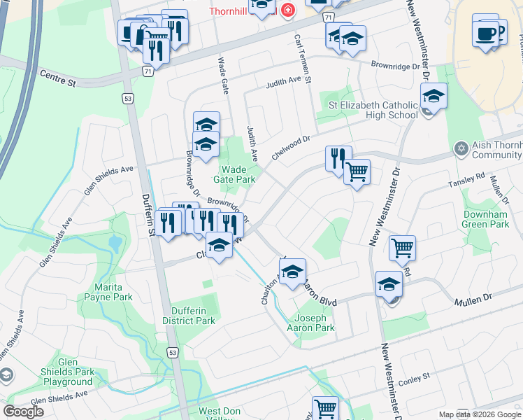 map of restaurants, bars, coffee shops, grocery stores, and more near 25 Pilkington Crescent in Vaughan