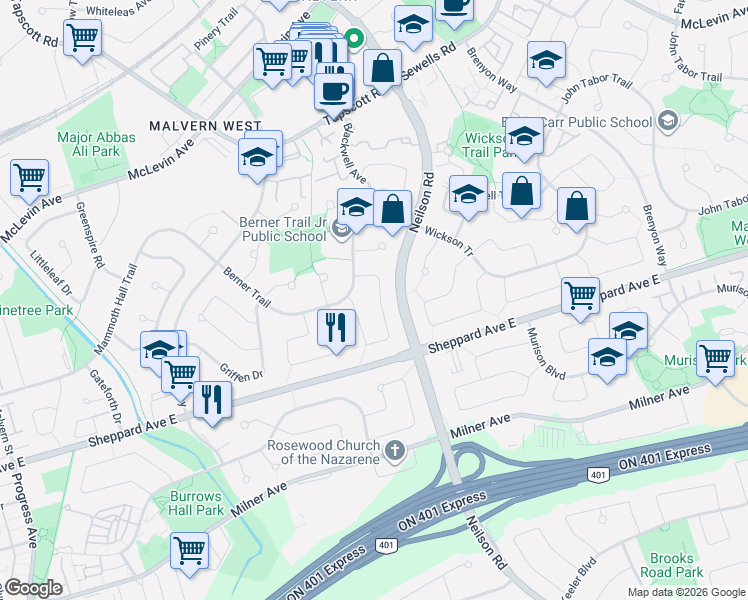 map of restaurants, bars, coffee shops, grocery stores, and more near 67 Hutcherson Square in Toronto