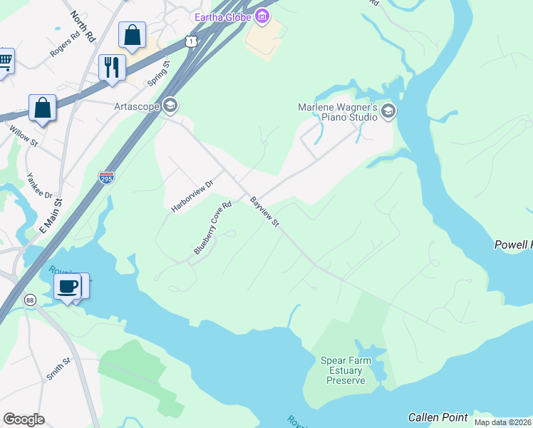 map of restaurants, bars, coffee shops, grocery stores, and more near Bayview Street in Yarmouth