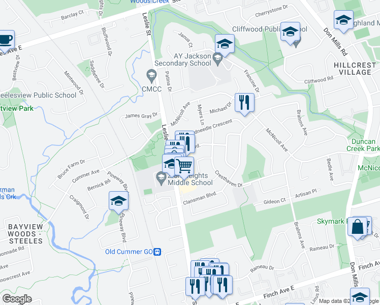map of restaurants, bars, coffee shops, grocery stores, and more near 25 Dexter Boulevard in Toronto