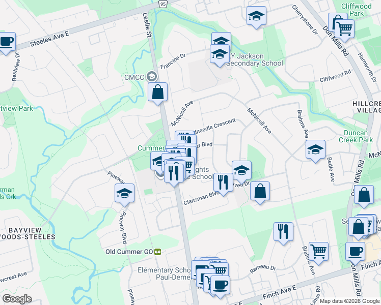 map of restaurants, bars, coffee shops, grocery stores, and more near 25 Dexter Boulevard in Toronto