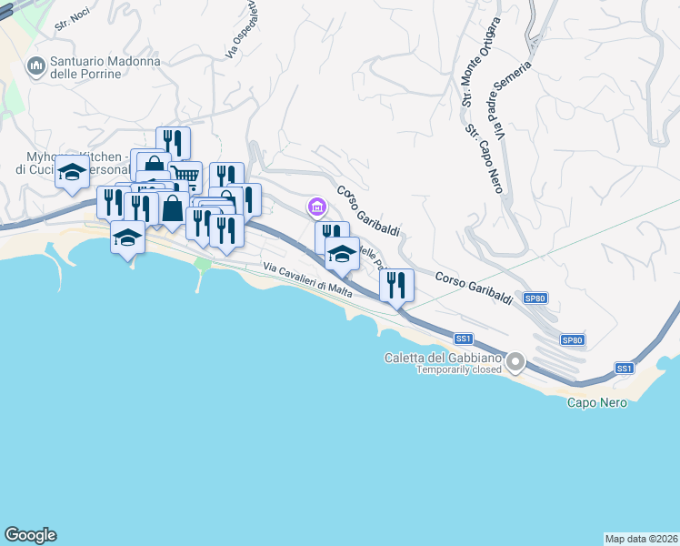 map of restaurants, bars, coffee shops, grocery stores, and more near 5 Via Camillo Benso Conte di Cavour in Ospedaletti