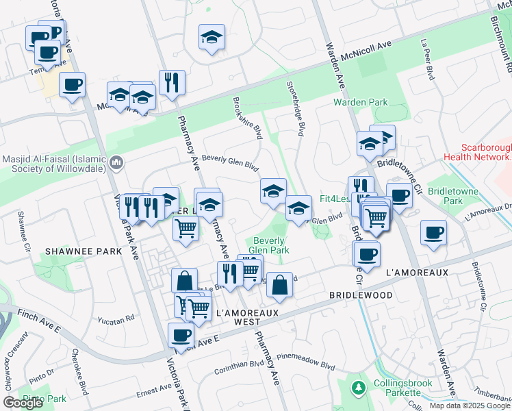 map of restaurants, bars, coffee shops, grocery stores, and more near 5 Deerbrook Trail in Toronto