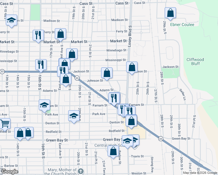 map of restaurants, bars, coffee shops, grocery stores, and more near 1124 22nd Drive South in La Crosse