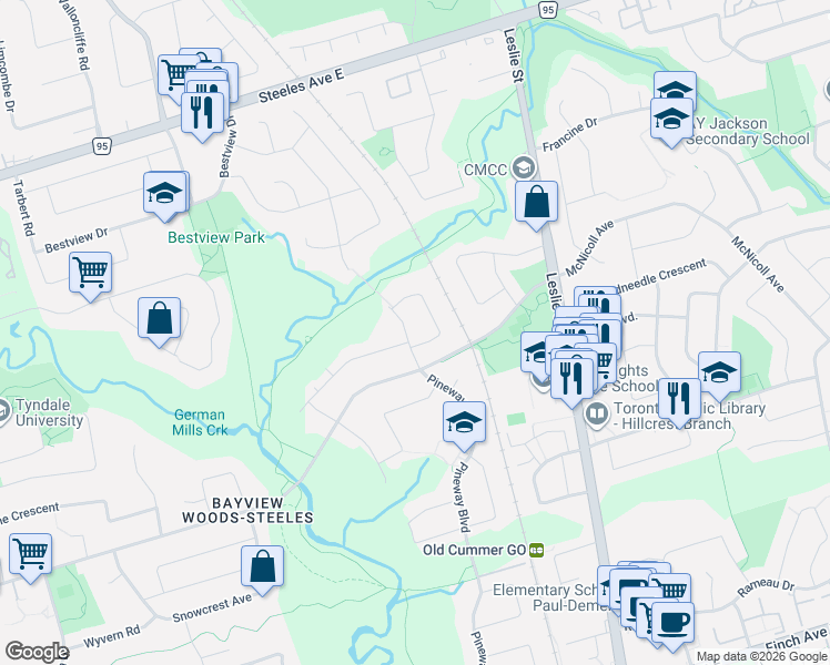 map of restaurants, bars, coffee shops, grocery stores, and more near 225 Pineway Boulevard in Toronto