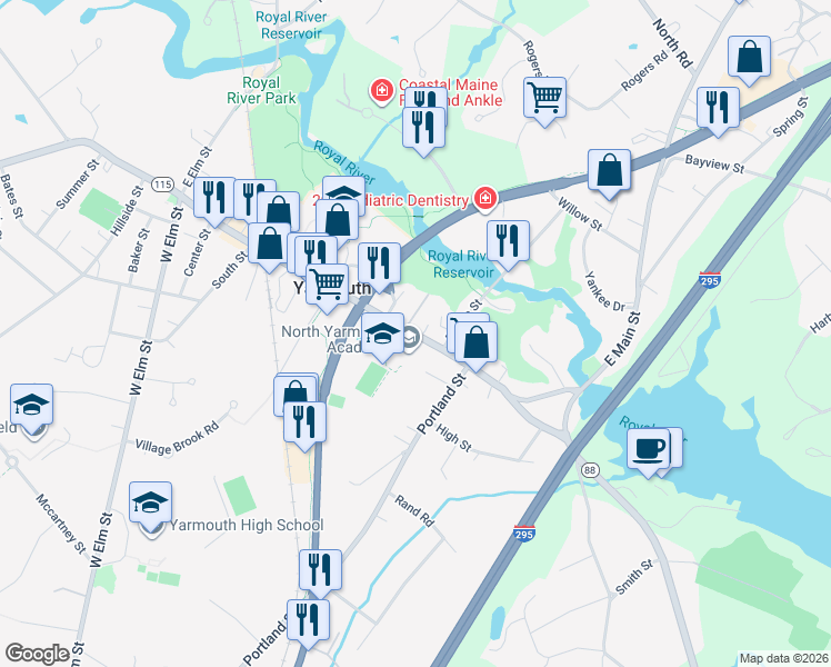 map of restaurants, bars, coffee shops, grocery stores, and more near 153 Main Street in Yarmouth