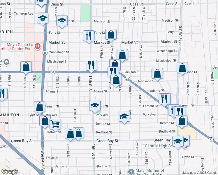 map of restaurants, bars, coffee shops, grocery stores, and more near 1116 East Ave South in La Crosse