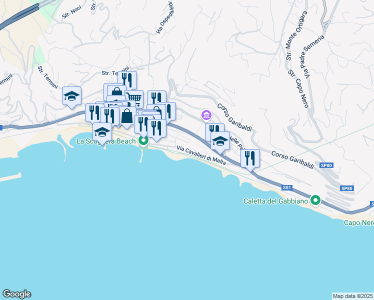 map of restaurants, bars, coffee shops, grocery stores, and more near 1 Via Cavalieri di Malta in Ospedaletti