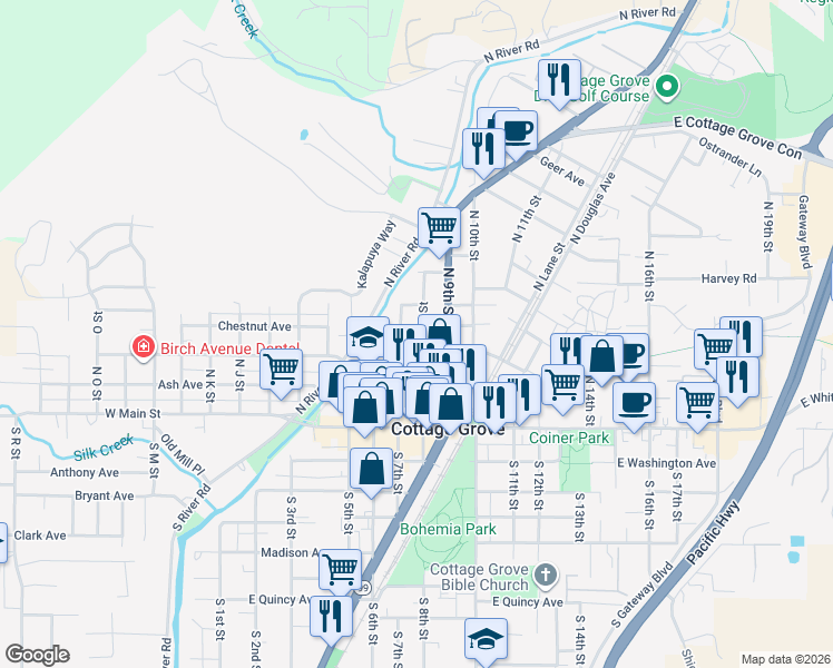map of restaurants, bars, coffee shops, grocery stores, and more near 303 North 8th Street in Cottage Grove