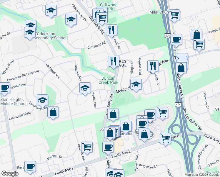 map of restaurants, bars, coffee shops, grocery stores, and more near 200 McNicoll Avenue in Toronto