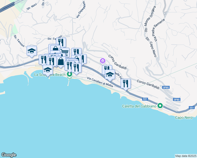 map of restaurants, bars, coffee shops, grocery stores, and more near 1 Via Cavalieri di Malta in Ospedaletti