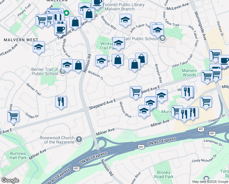 map of restaurants, bars, coffee shops, grocery stores, and more near 18 Gemshaw Crescent in Toronto