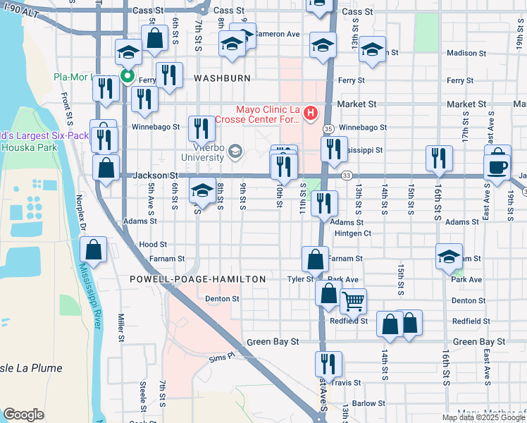 map of restaurants, bars, coffee shops, grocery stores, and more near 931 10th Street in La Crosse