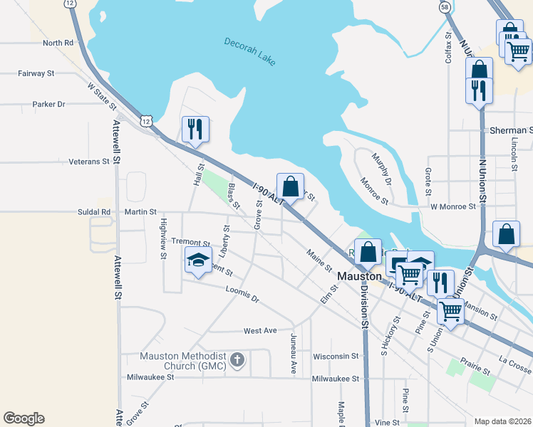 map of restaurants, bars, coffee shops, grocery stores, and more near 509 Martin Street in Mauston
