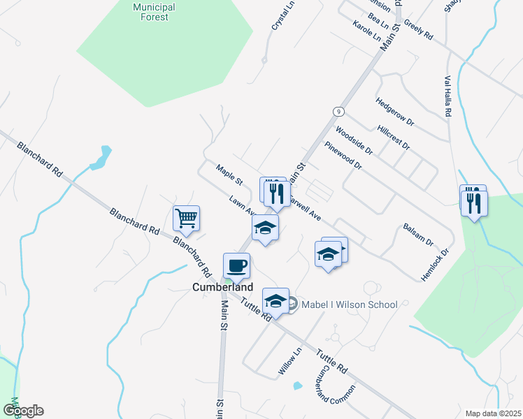 map of restaurants, bars, coffee shops, grocery stores, and more near 321 Main Street in Cumberland