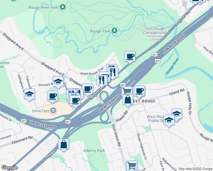 map of restaurants, bars, coffee shops, grocery stores, and more near 7336 Kingston Road in Toronto
