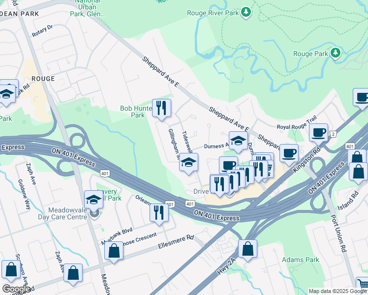 map of restaurants, bars, coffee shops, grocery stores, and more near 82 Tideswell Boulevard in Toronto