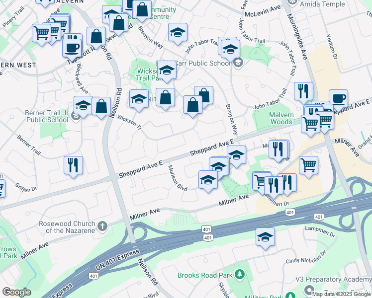 map of restaurants, bars, coffee shops, grocery stores, and more near in Toronto