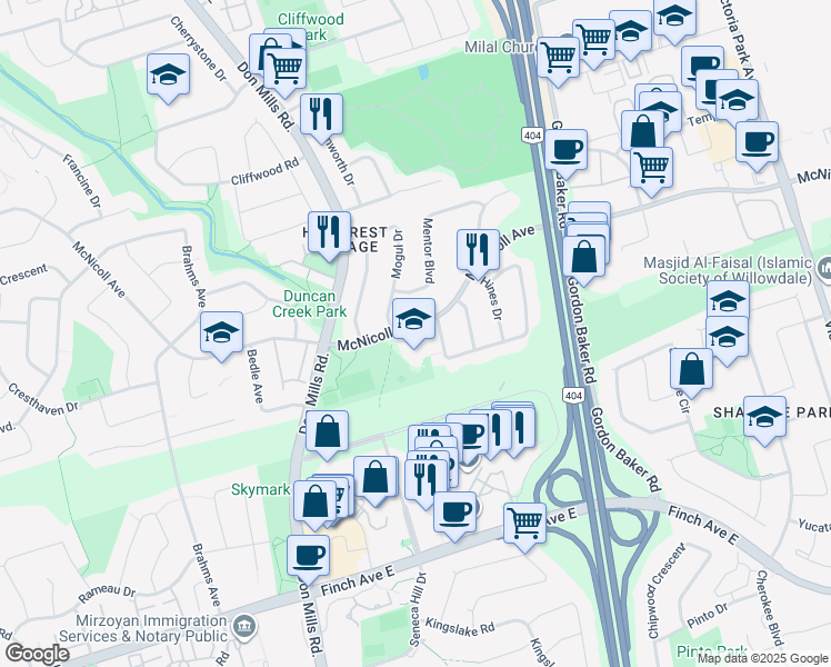 map of restaurants, bars, coffee shops, grocery stores, and more near 4 Sexton Crescent in Toronto