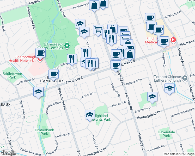 map of restaurants, bars, coffee shops, grocery stores, and more near 2 Adirondack Gate in Scarborough