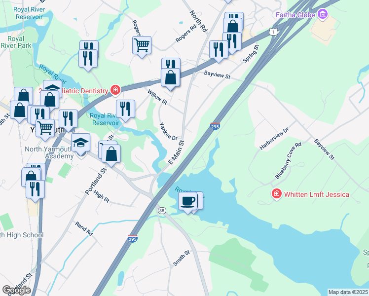 map of restaurants, bars, coffee shops, grocery stores, and more near 65 E Main St in Yarmouth