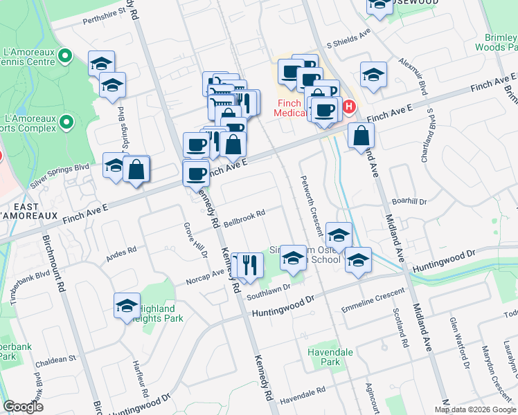 map of restaurants, bars, coffee shops, grocery stores, and more near in Toronto