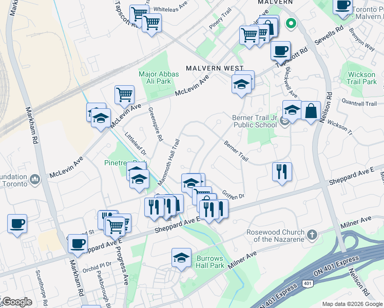 map of restaurants, bars, coffee shops, grocery stores, and more near 56 Snowball Crescent in Toronto