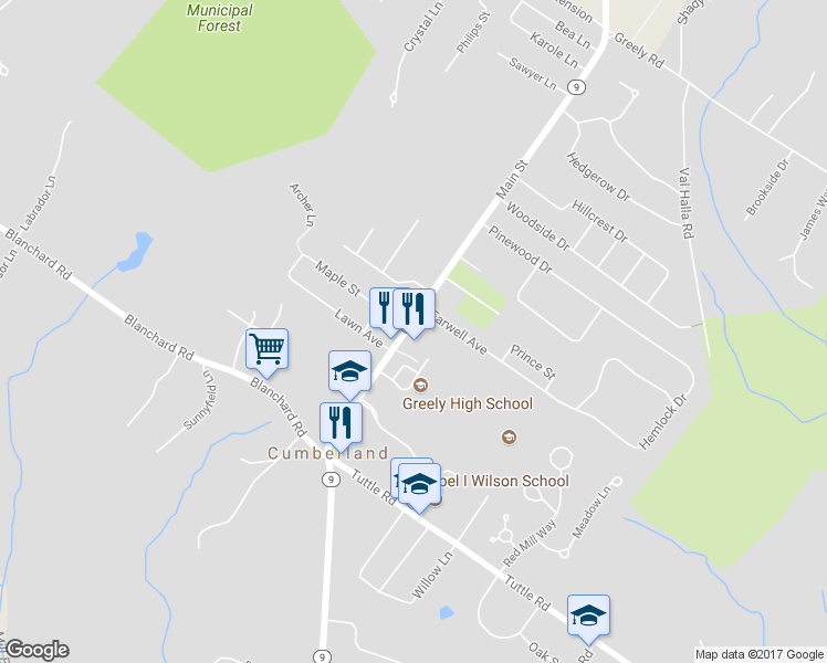 map of restaurants, bars, coffee shops, grocery stores, and more near 321 Main Street in Cumberland