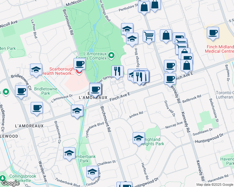 map of restaurants, bars, coffee shops, grocery stores, and more near 75 Silver Springs Boulevard in Toronto
