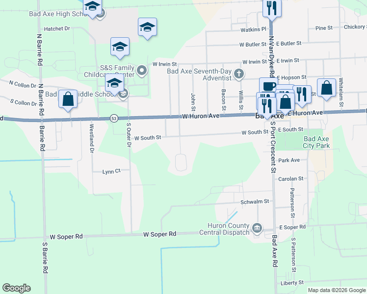 map of restaurants, bars, coffee shops, grocery stores, and more near 216 South Stanley Street in Bad Axe
