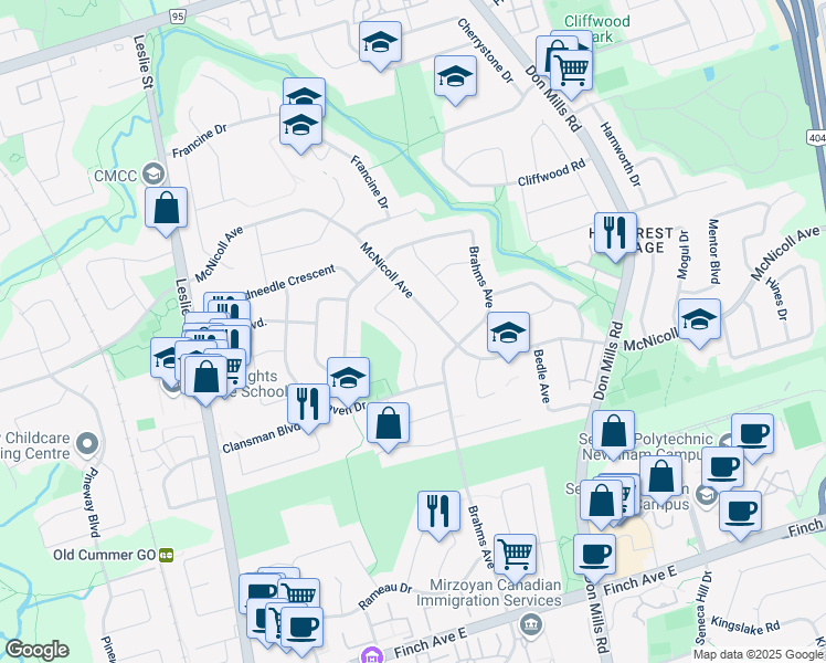 map of restaurants, bars, coffee shops, grocery stores, and more near 23 Resolution Crescent in Toronto