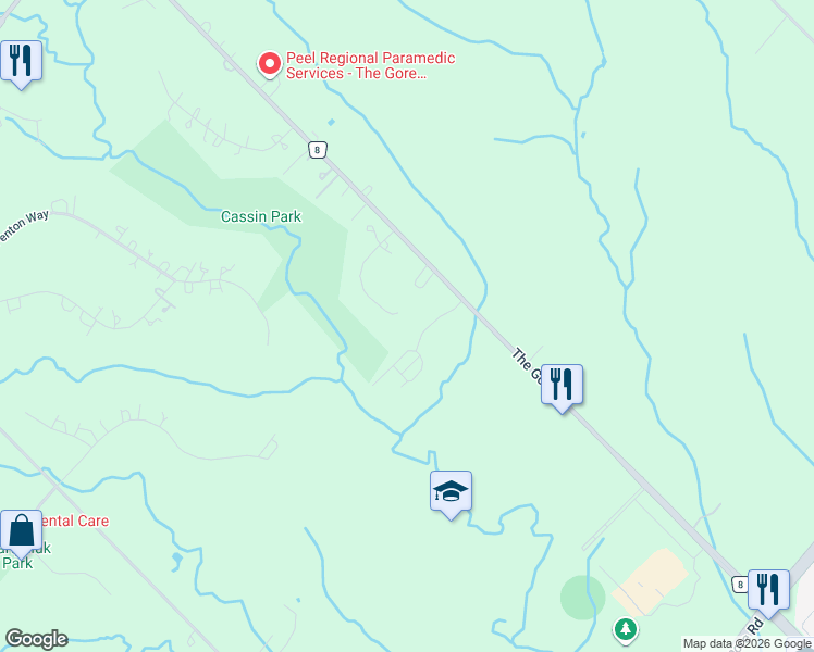 map of restaurants, bars, coffee shops, grocery stores, and more near 12 Edgeforest Drive in Brampton