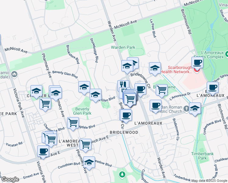 map of restaurants, bars, coffee shops, grocery stores, and more near 3079 Bridletowne Circle in Toronto