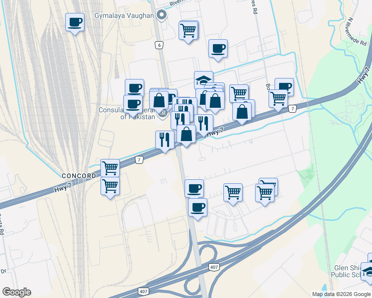 map of restaurants, bars, coffee shops, grocery stores, and more near 7733 Keele Street in Vaughan