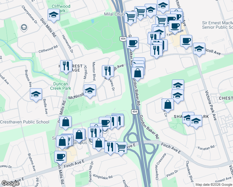 map of restaurants, bars, coffee shops, grocery stores, and more near 83 Sexton Crescent in Toronto